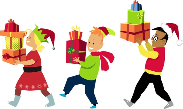 Trois Enfants Portant Des Vêtements Noël Portant Des Cadeaux Participant — Image vectorielle