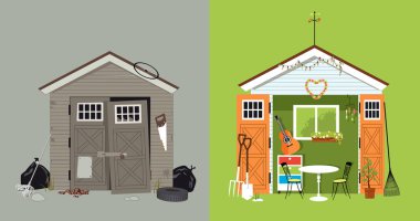 Renovation of a garden shed, before and after picture, EPS 8 vector illustration clipart