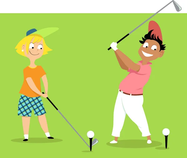 Due Simpatici Bambini Dei Cartoni Animati Che Giocano Golf Illustrazione — Vettoriale Stock