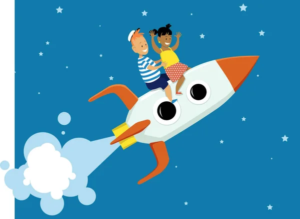 Little Boy Girl Riding Cartoon Rocket Ship Space Eps Vector - Stok Vektor