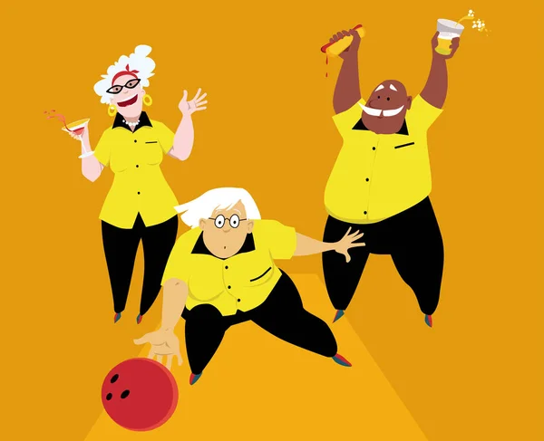 Tres Personas Mayores Activas Jugando Los Bolos Eps Vector Ilustración — Vector de stock