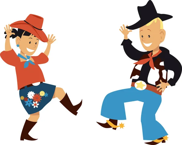 Twee Leuke Cartoon Kinderen Dansen Westerse Land Stijl Eps Vector — Stockvector