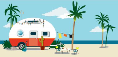 Palmiye ağaçları altında plajda bir karavan Trailer, EPS 8 vektör illüstrasyon