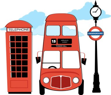 Londra çift katlı otobüs, kırmızı telefon kabini ve yeraltı işareti, Vintage ilham EPS 8 vektör illüstrasyon