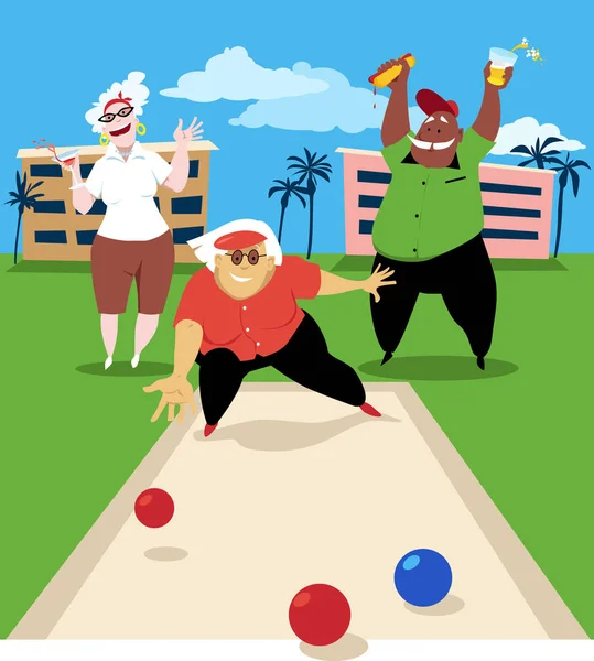 Skupina Aktivních Seniorů Hrající Bouling Ball Eps Vektorová Ilustrace — Stockový vektor