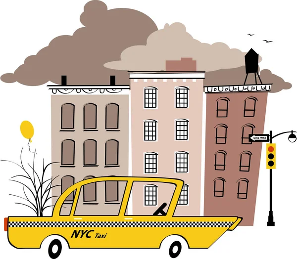 Желтое Такси Типичной Нью Йоркской Улице Винтажная Иллюстрация Вдохновленная Eps — стоковый вектор