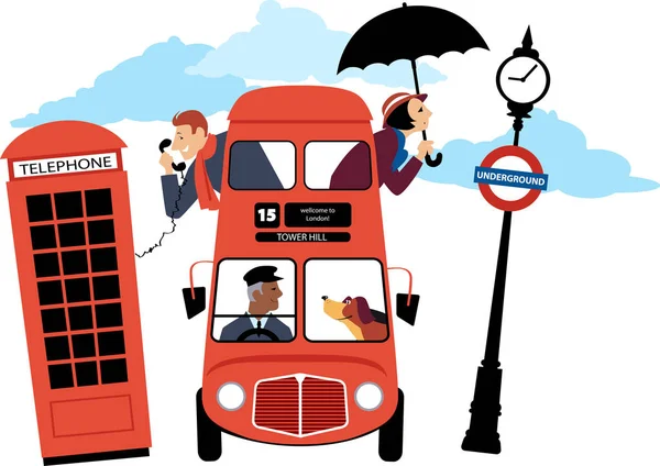 Люди Традиционном Лондонском Двухэтажном Автобусе Векторная Иллюстрация Eps — стоковый вектор