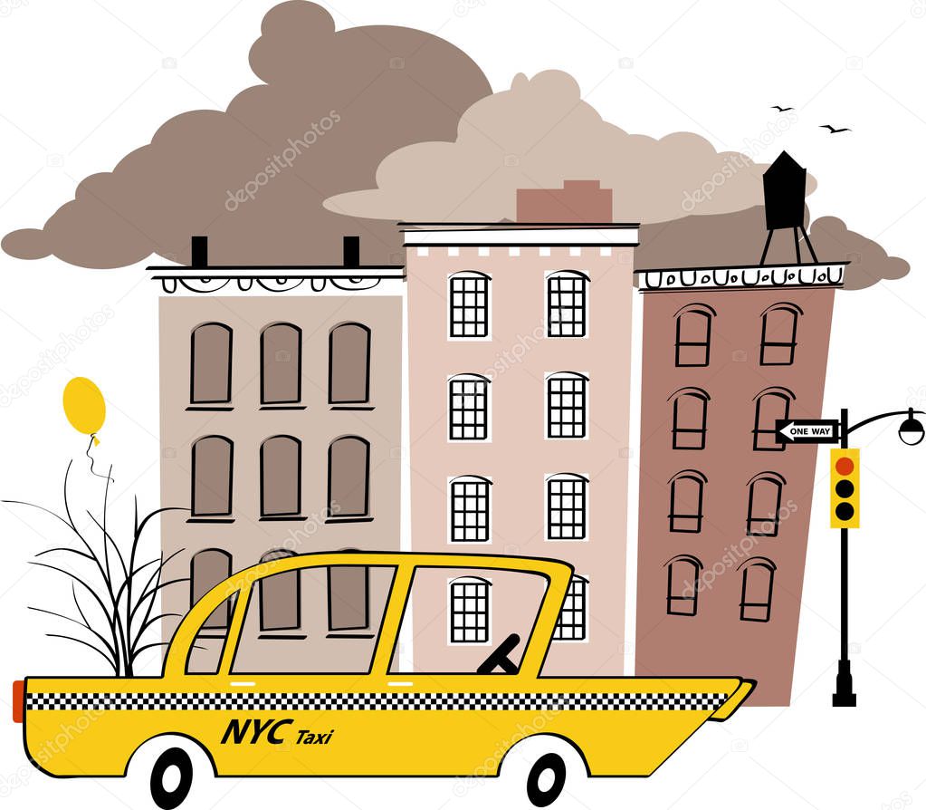 Yellow taxi cab in the typical New York street, EPS 8 vintage inspired vector illustration