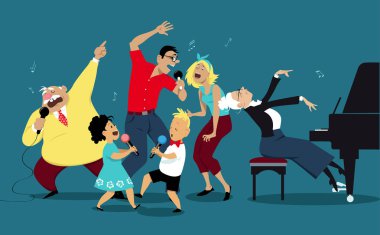 Üç nesil aile birlikte karaoke şarkı, Eps 8 vektör illüstrasyon