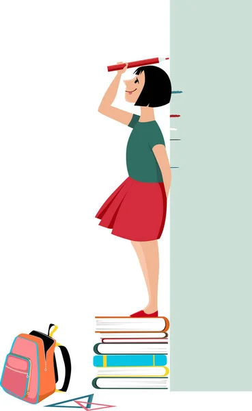 Niña Parada Sobre Montón Libros Midiendo Altura Eps Vector Ilustración — Vector de stock