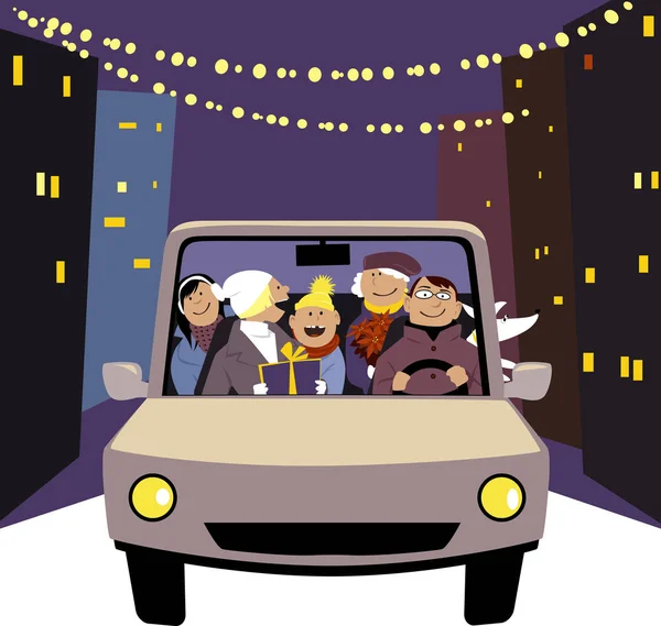 Family Car Driving City Street Winter Holiday Season Eps Vector — Stock Vector