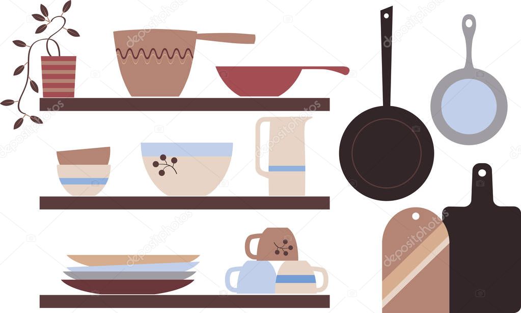 Modern Scandinavian rustic style kitchenware on shelves, EPS 8 vector illustration