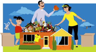 Family declutter their hoarded house, throwing away things, EPS 8 vector illustration clipart