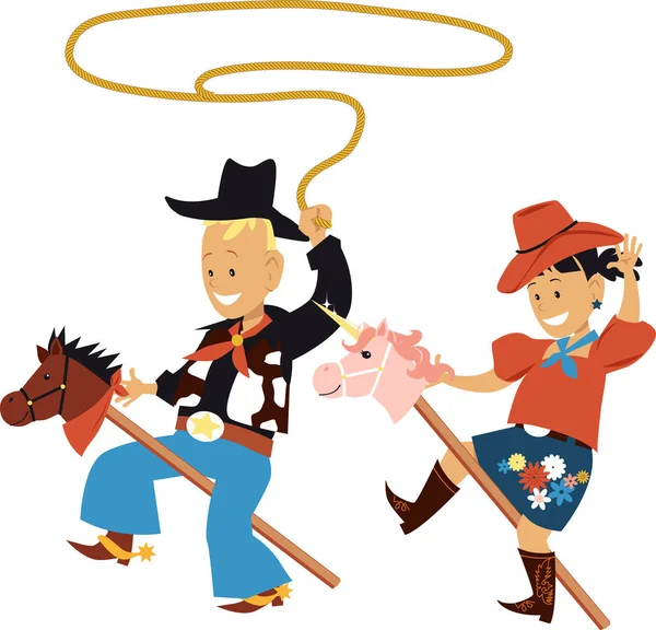 Deux Mignons Enfants Costumes Cow Boy Cow Girl Chevauchant Poneys — Image vectorielle