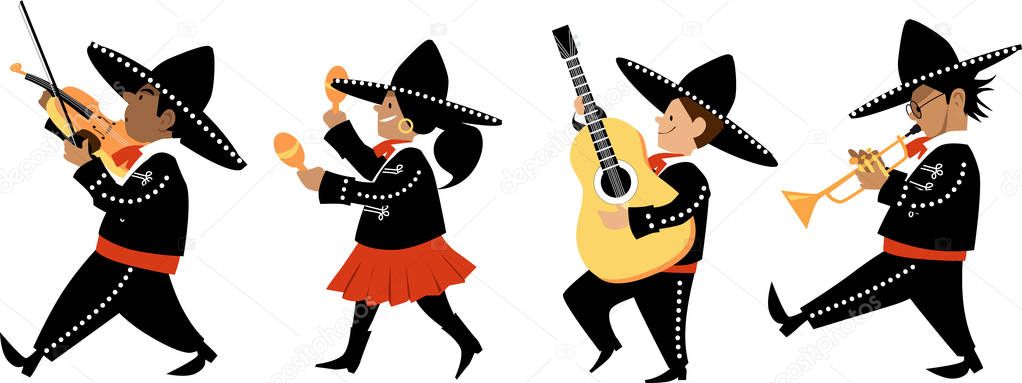 Cute kids in mariachi outfits playing traditional instruments, EPS 8 vector illustration