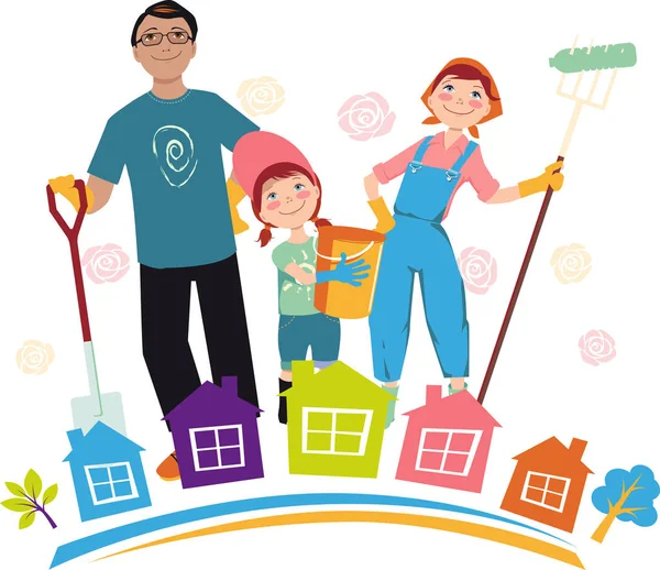 Famille Participant Événement Nettoyage Communautaire Illustration Vectorielle Spe — Image vectorielle