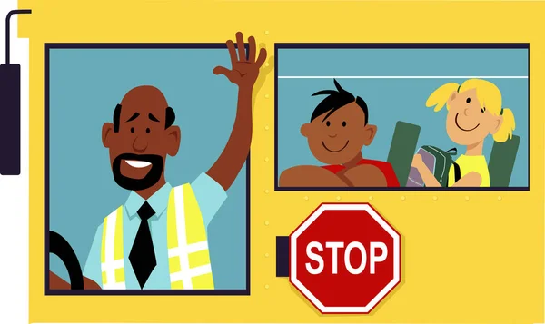 Motorista Ônibus Escolar Acenando Com Mão Uma Janela Crianças Escola —  Vetores de Stock