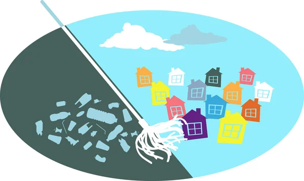 Süpürge Bir Mahalleden Çöp Kaydırma Bir Topluluk Temizleme Girişimi Için — Stok Vektör
