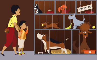 Bir köpek evlat edinmek için oğlunu hayvan barınağına getiren anne, Eps 8 vektör illüstrasyon
