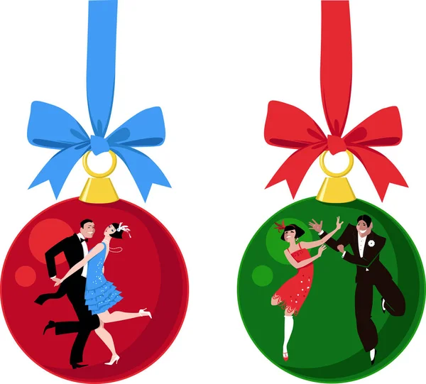 Christmas Ornaments Couples Dressed 1920S Outfits Dancing Charleston Eps Vector — Stock Vector