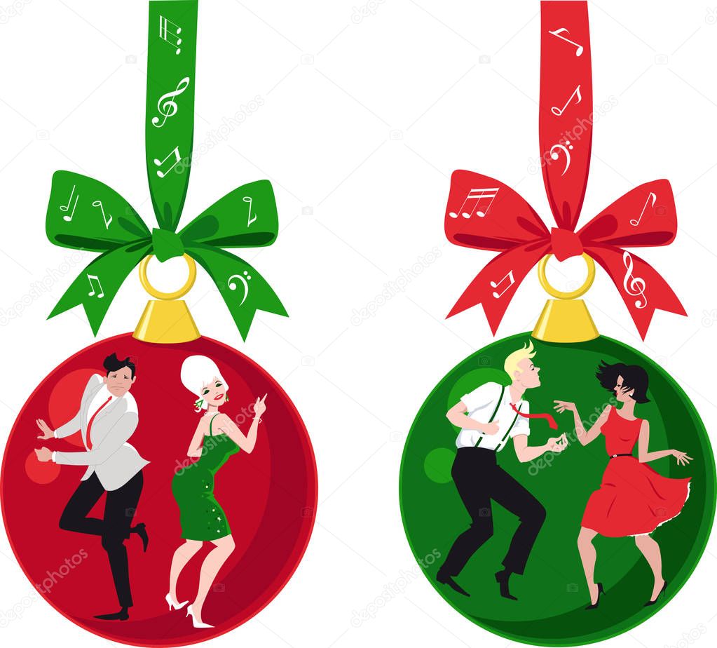 Christmas ornaments with couples dressed in vintage outfits dancing the Twist, EPS 8 vector illustration