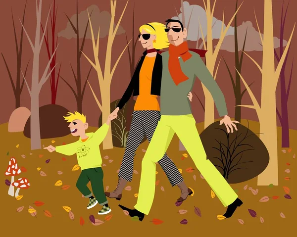 Couple Moderne Marchant Avec Leur Fils Dans Forêt Automne Illustration — Image vectorielle