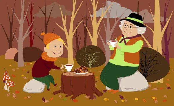 彼女の孫と秋に森の中でピクニック飲むテスを持つシニア女性 Eps 8ベクトルイラスト — ストックベクタ