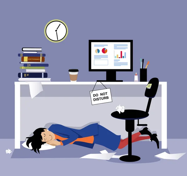 Mulher Dormindo Sob Sua Mesa Escritório Durante Horário Trabalho Ilustração — Vetor de Stock