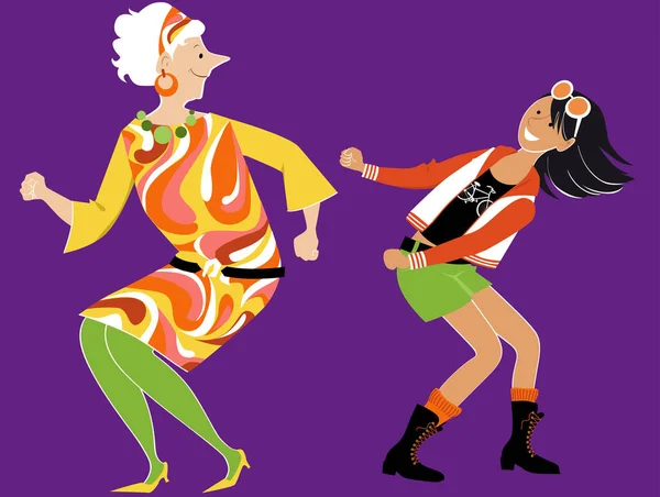 Mujer Mayor 1960 Traje Bailando Giro Con Nieta Adolescente Eps — Vector de stock