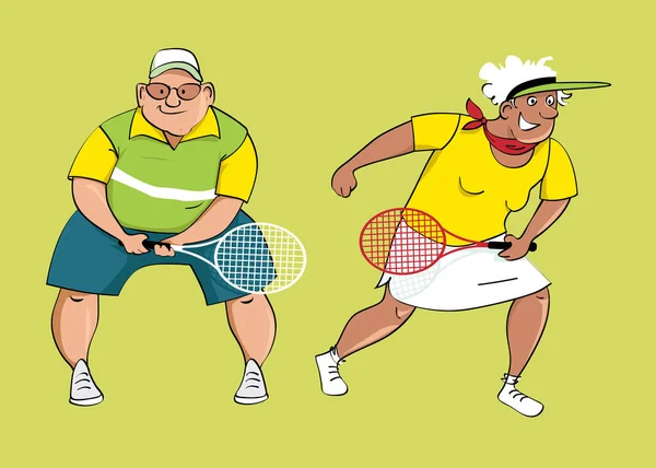 Pareja Seniors Activos Jugando Tenis Eps Vector Ilustración — Archivo Imágenes Vectoriales