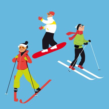 Aktif yaşlılar kayak ve snowboard, Eps 8 vektör illüstrasyon