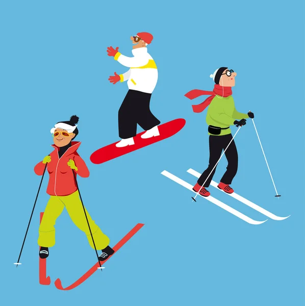 Aktive Senioren Skifahren Und Snowboarden Folge Vektorillustration — Stockvektor