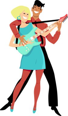 Klasik kıyafetler içinde gitar çalan genç bir çift, Eps 8 vektör illüstrasyon