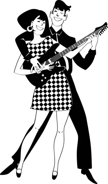 Jeune Couple Tenue Vintage Jouant Guitare Clip Art Vectoriel Eps — Image vectorielle