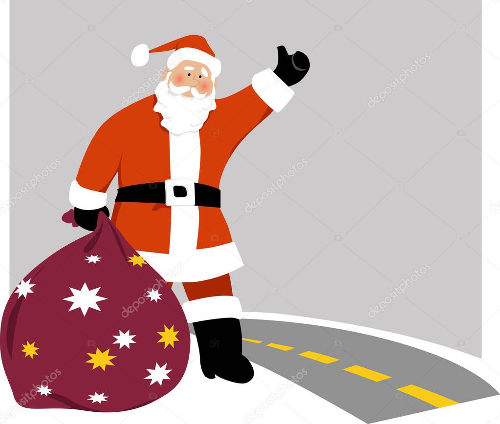 Santa Claus with a bag of gifts hailing a cab or hitchhike at the side of a highway, EPS 8 vector illustration