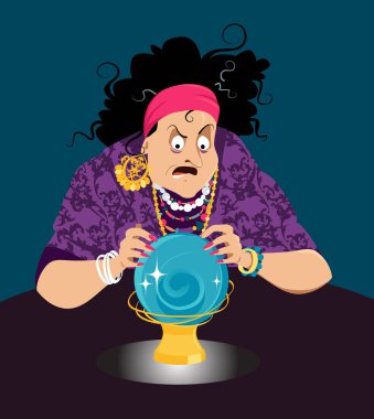Old gypsy woman fortune teller gazing at a crystal ball predicting menacing future, EPS 8 vector illustration 