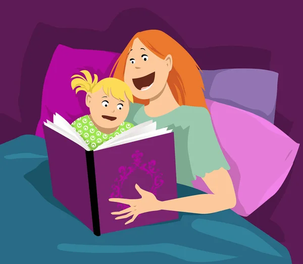 Young Mother Reading Book Her Little Girl Bed Eps Vector — Stock Vector