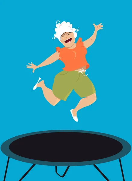 Счастливая Пожилая Женщина Прыгает Батуте Eps Векторной Иллюстрации — стоковый вектор