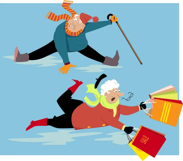 Elderly People Slipping Falling Ice Eps Vector Illustration — Stock Vector