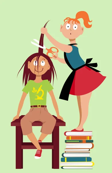 Little Girl Giving Haircut Her Friend Eps Vector Illustration — Stock Vector