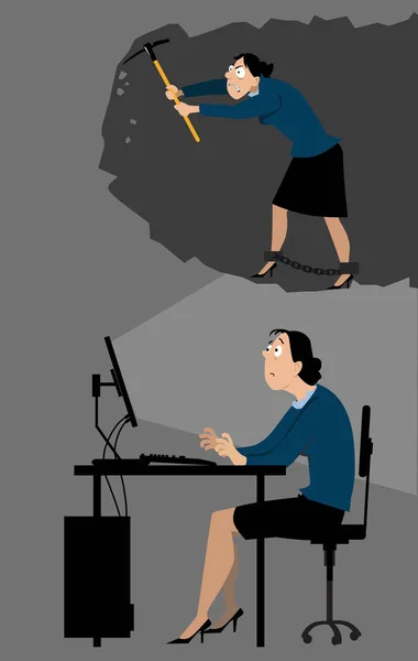 うつ病ビジネス女性座って彼女の机の上に自分が炭鉱で働いていることを想像 Eps 8ベクトルのイラスト — ストックベクタ