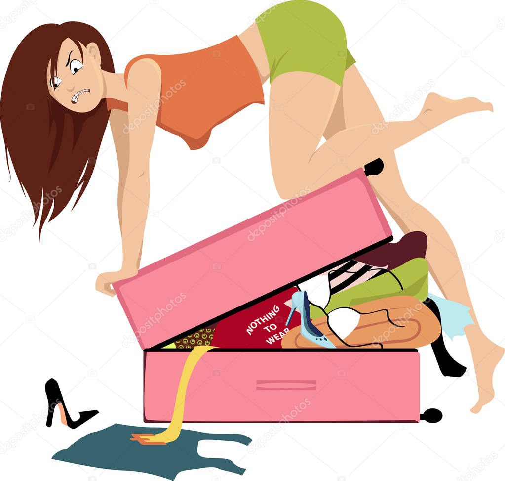 Young woman packing for travel, attempting to forcefully close an overfilled suitcase, EPS 8 vector illustration