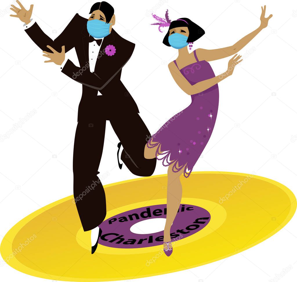 Couple dressed in vintage twenties fashion and protective face masks dancing the Charleston on a vinyl record, EPS 8 vector illustration  