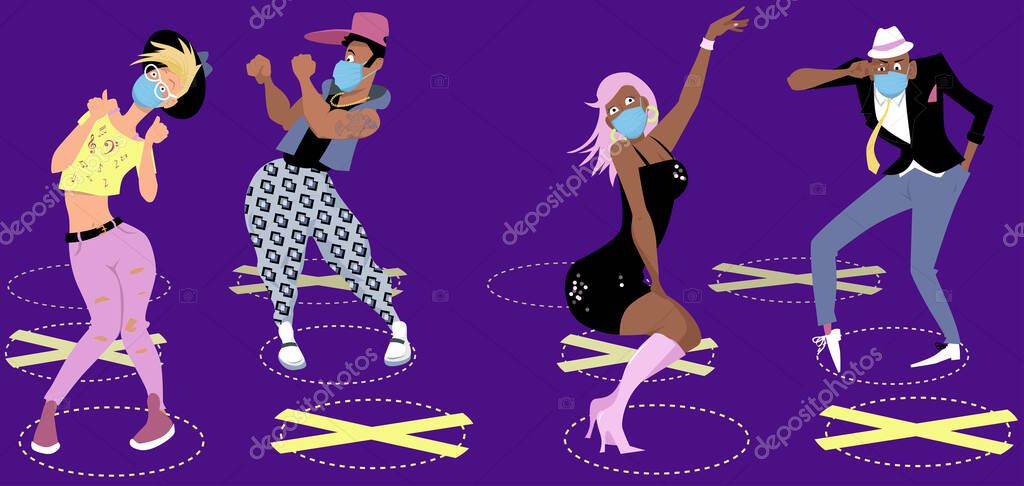 Gente bailando en un club nocturno, con cubierta facial y reanudando el  distanciamiento físico, ilustración vectorial EPS 8 2023