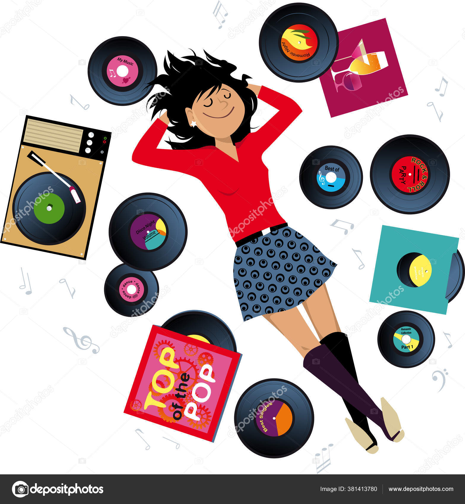 レコードに囲まれた床に寝そべっている若い女性 ヴィンテージレコードプレーヤーから音楽を聴く Eps 8ベクトルイラスト ストックベクター C Aleutie