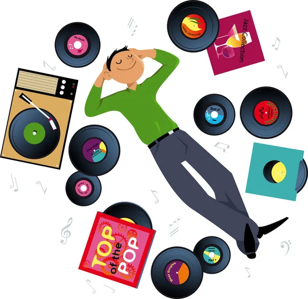 Mladý Muž Ležící Podlaze Obklopený Vinylovými Deskami Poslouchající Hudbu Archivního — Stockový vektor