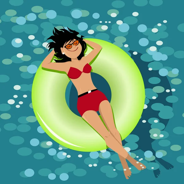Vrouw Een Rood Zwempak Drijvend Een Opblaasbare Buis Glinsterend Water — Stockvector