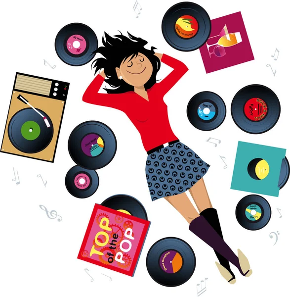 Young woman lying on the floor surrounded by vinyl records, listening to music from a vintage record player, EPS 8 vector illustration — Stock Illustration Young Woman Lying Floor Surrounded Vinyl Records Listening Music Vintage Stock Illustration
