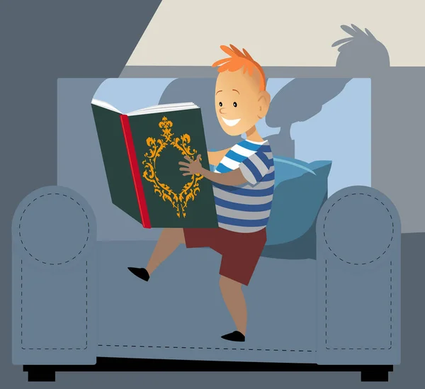 Kleine Jongen Leest Een Boek Licht Komt Van Zijn Pagina — Stockvector