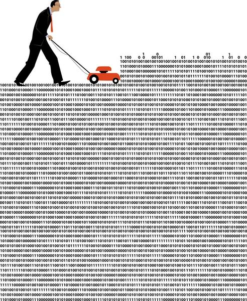 Homem Com Cortador Relva Cortando Campo Código Computador Ilustração Vetorial —  Vetores de Stock